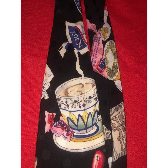 Rare Unique Nicole Miller 1990 Men's Novelty Silk Black Tie Coffee Sweet N Low - Picture 3 of 4